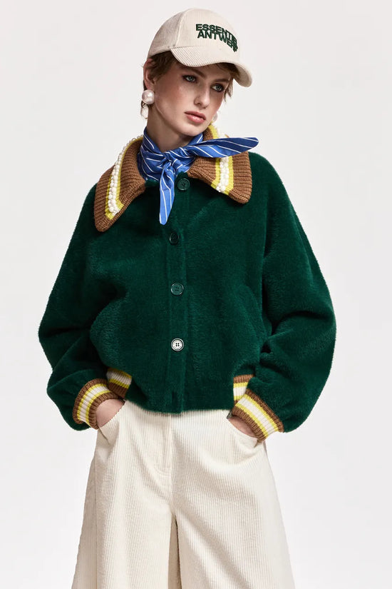 Essentiel Antwerp Forest Green Cardigan with Embellished Collar