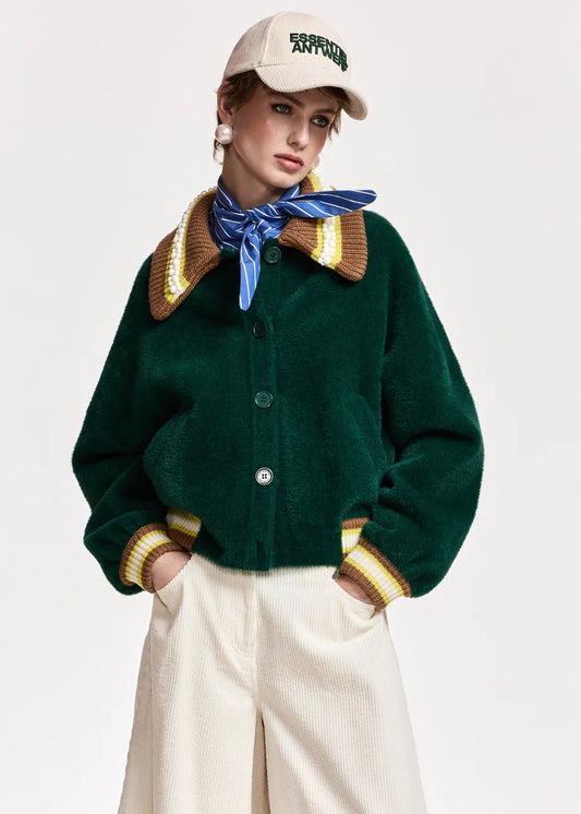 Essentiel Antwerp Forest Green Cardigan with Embellished Collar