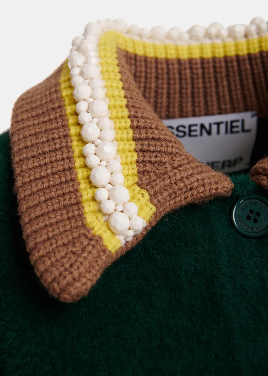 Essentiel Antwerp Forest Green Cardigan with Embellished Collar