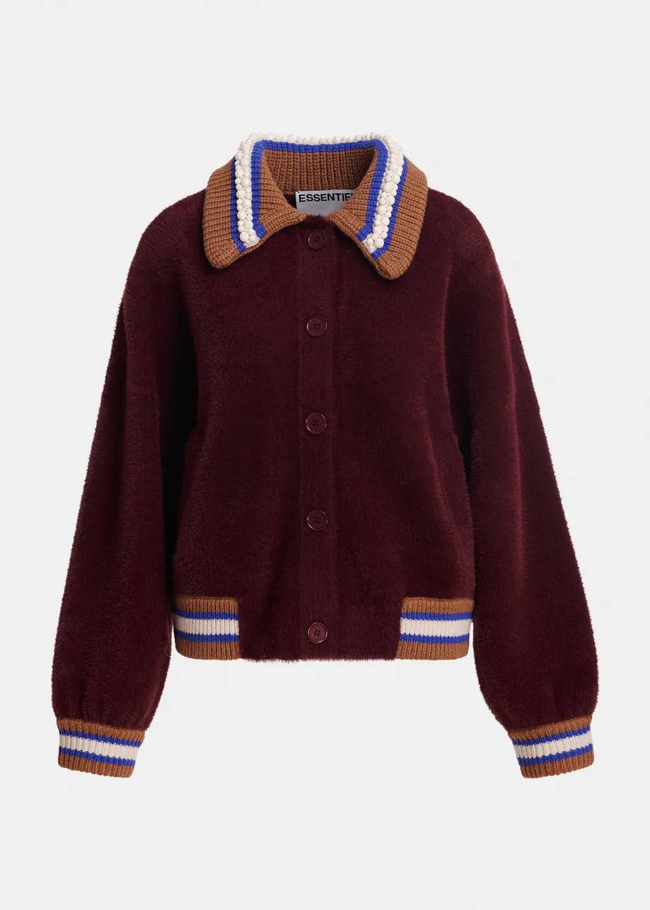 Essentiel Antwerp Burgundy Cardigan with Embellished Collar