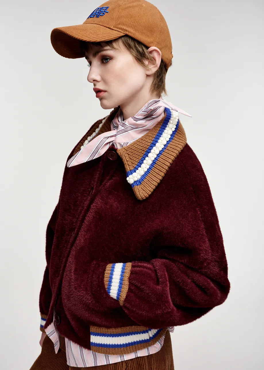 Essentiel Antwerp Burgundy Cardigan with Embellished Collar