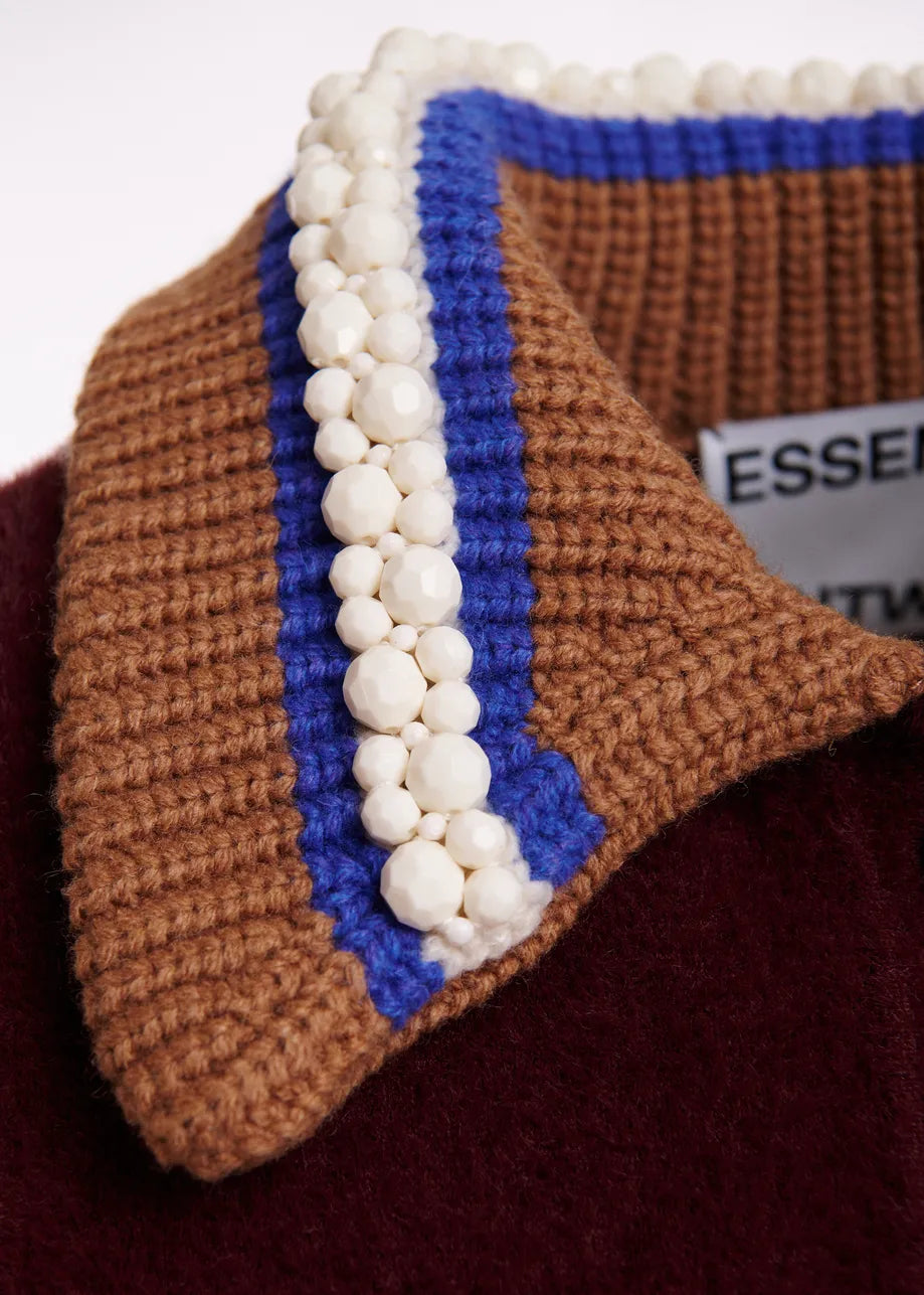 Essentiel Antwerp Burgundy Cardigan with Embellished Collar