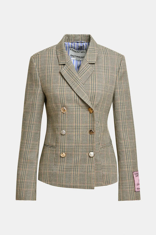 Essentiel Antwerp Brown Checked Double-Breasted Fitted Jacket