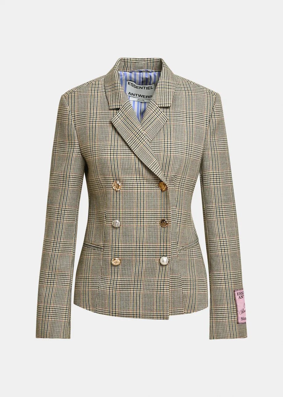 Essentiel Antwerp Brown Checked Double-Breasted Fitted Jacket
