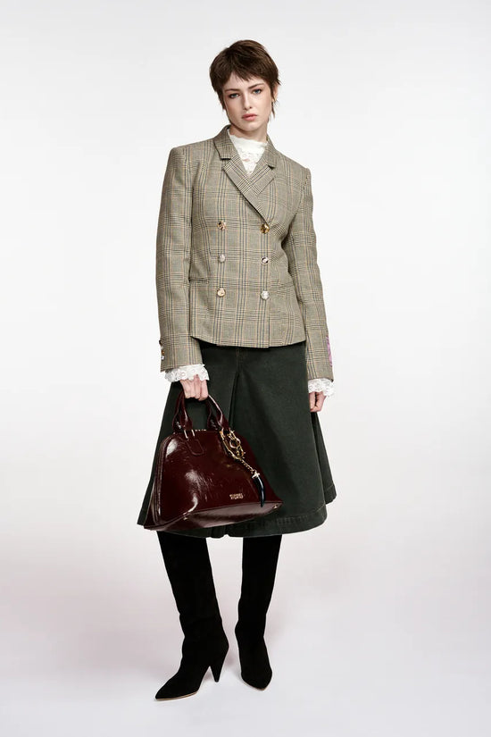 Essentiel Antwerp Brown Checked Double-Breasted Fitted Jacket