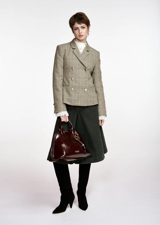 Essentiel Antwerp Brown Checked Double-Breasted Fitted Jacket