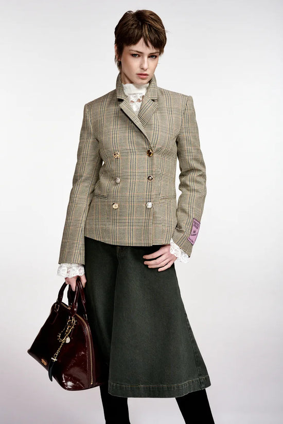 Essentiel Antwerp Brown Checked Double-Breasted Fitted Jacket