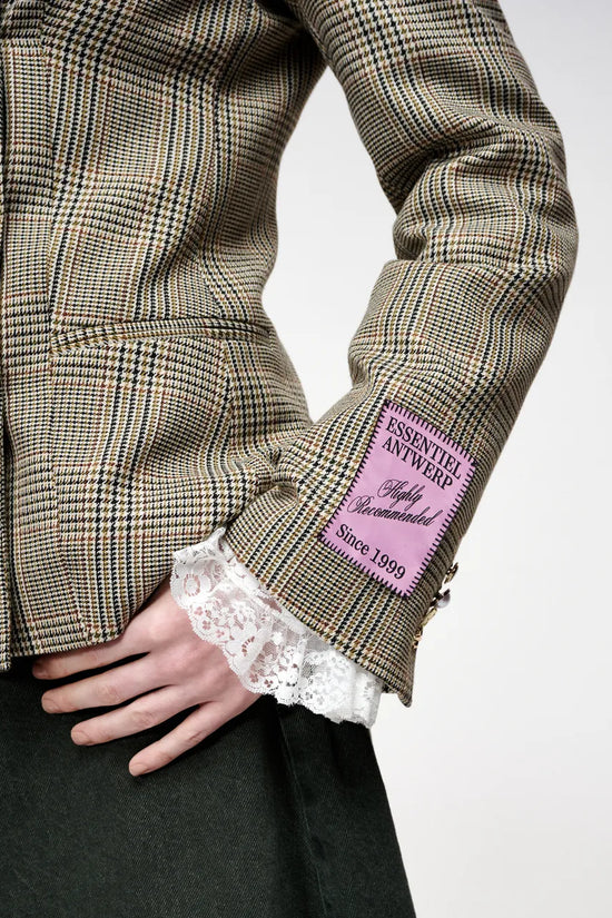 Essentiel Antwerp Brown Checked Double-Breasted Fitted Jacket