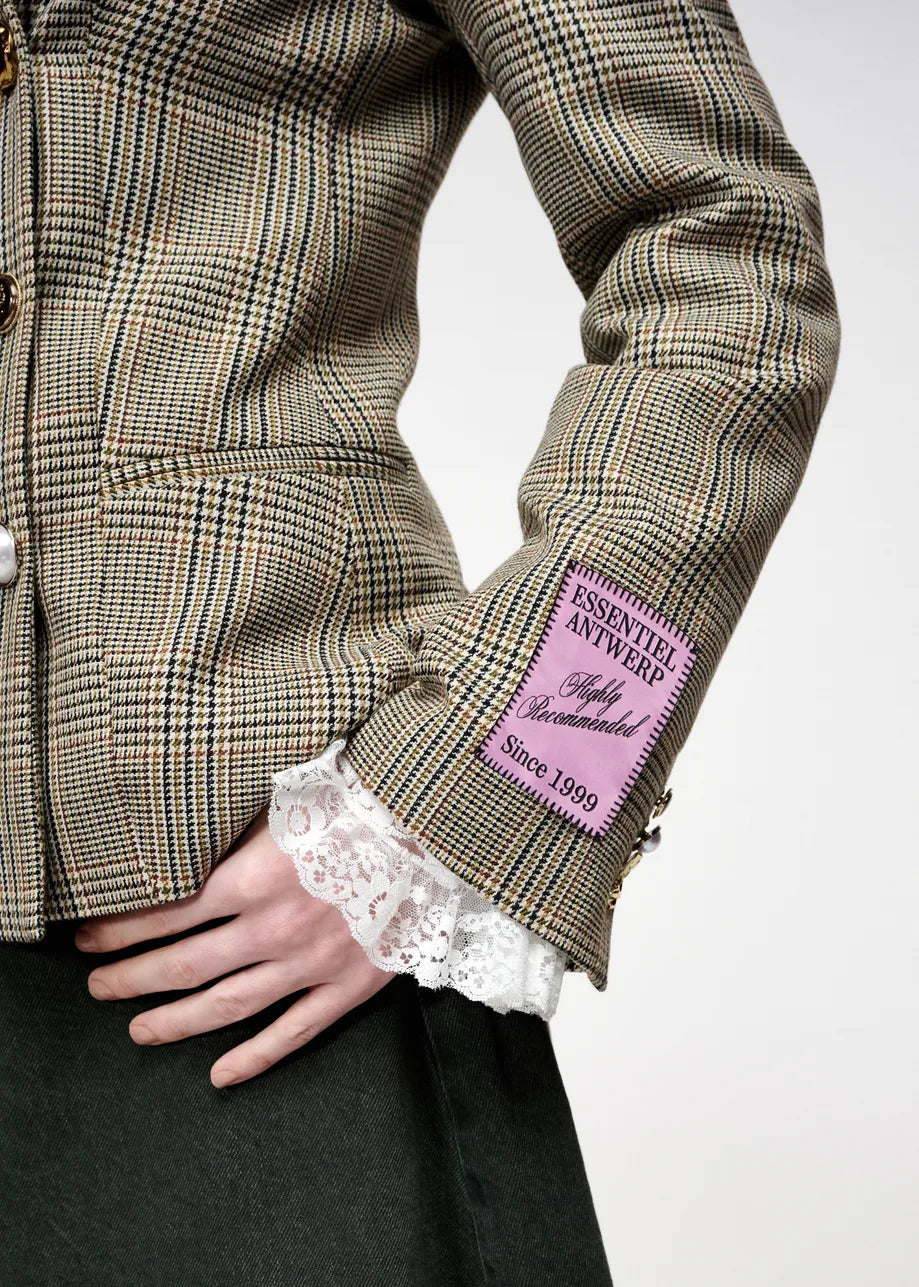 Essentiel Antwerp Brown Checked Double-Breasted Fitted Jacket