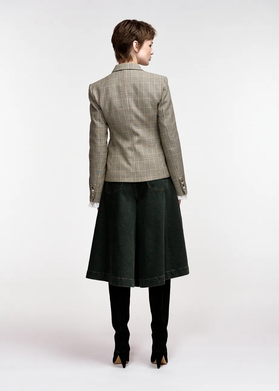 Essentiel Antwerp Brown Checked Double-Breasted Fitted Jacket
