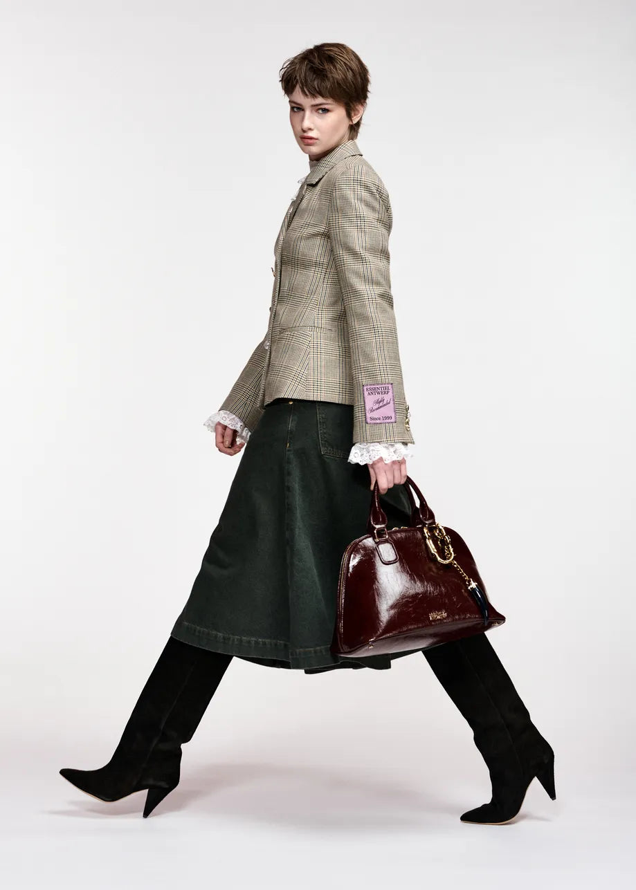 Essentiel Antwerp Brown Checked Double-Breasted Fitted Jacket