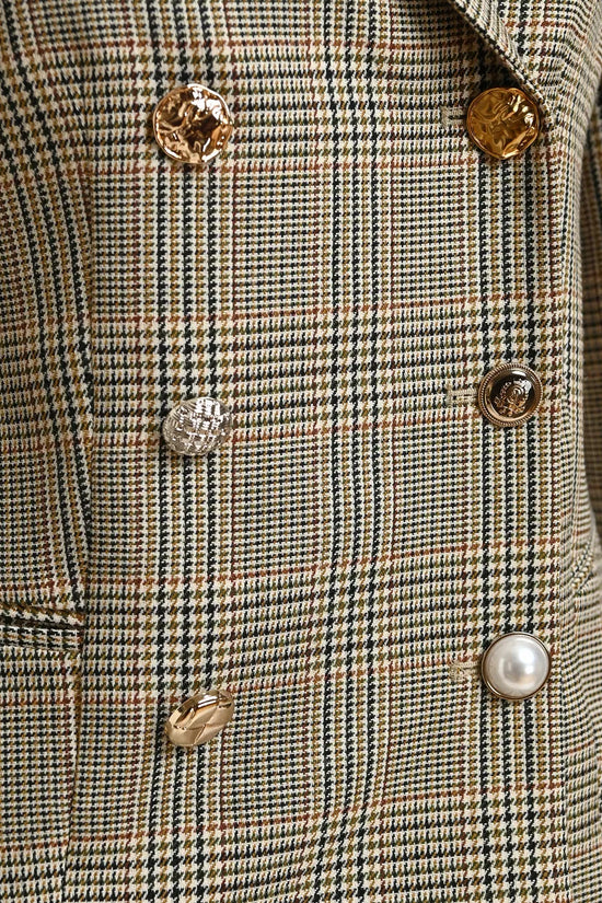 Essentiel Antwerp Brown Checked Double-Breasted Fitted Jacket