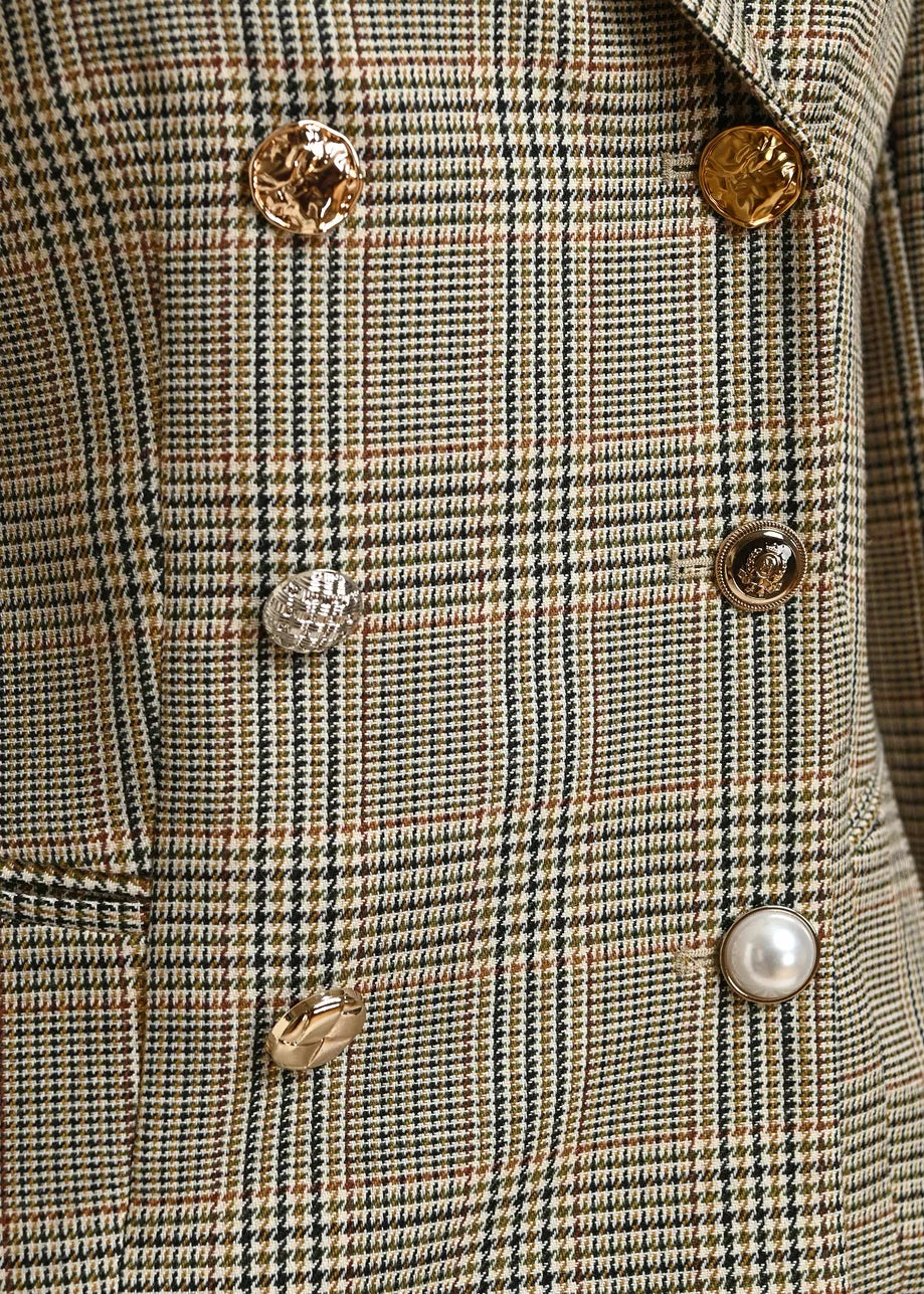 Essentiel Antwerp Brown Checked Double-Breasted Fitted Jacket