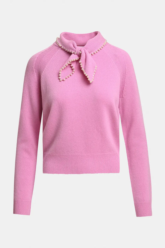 Essentiel Antwerp Pink Sweater with Pearl-Embellished Bow Collar