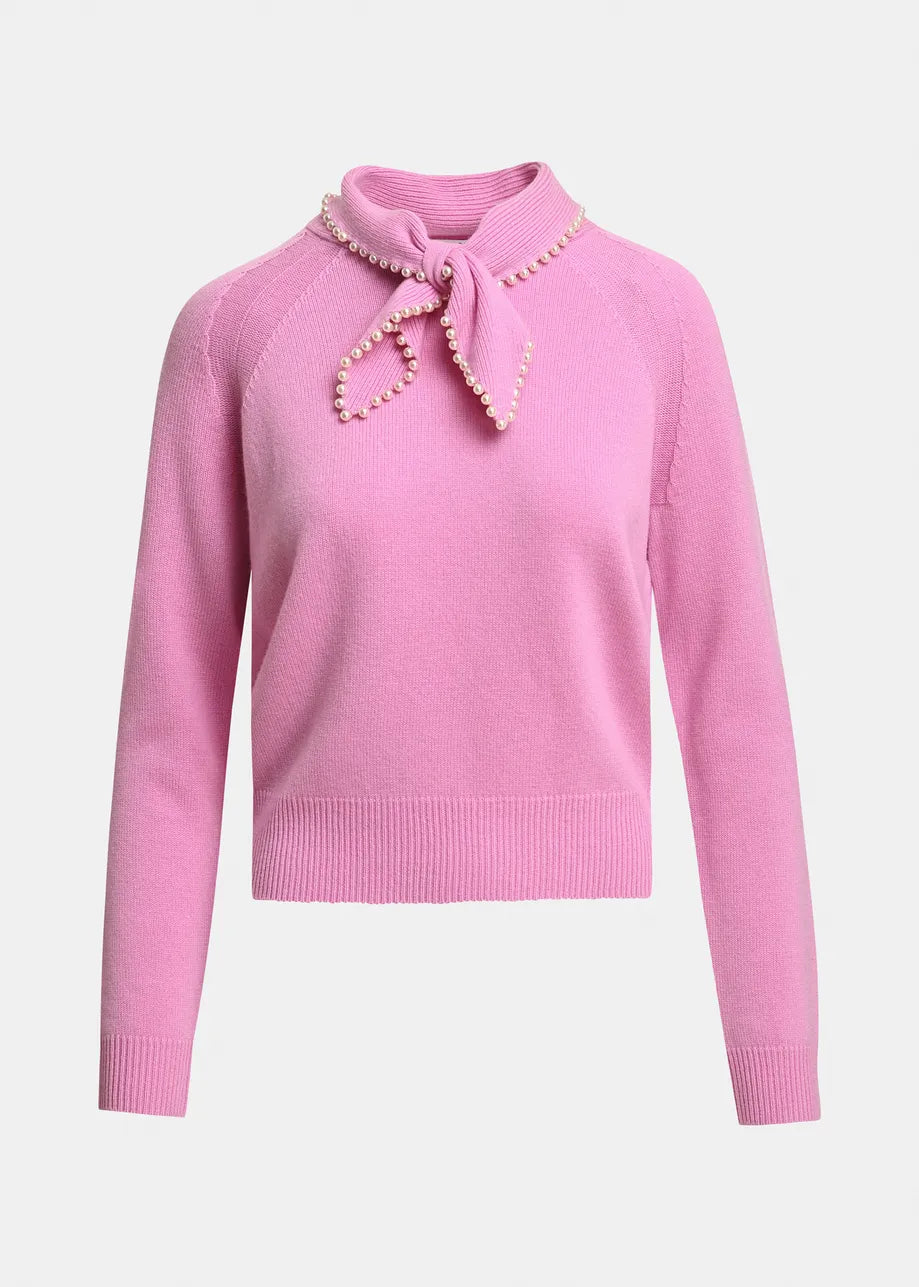 Essentiel Antwerp Pink Sweater with Pearl-Embellished Bow Collar