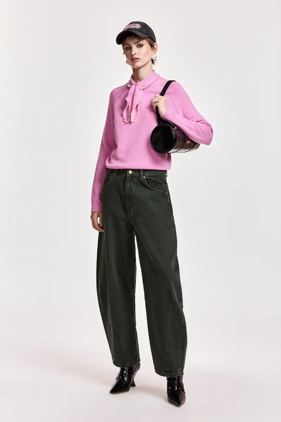 Essentiel Antwerp Pink Sweater with Pearl-Embellished Bow Collar