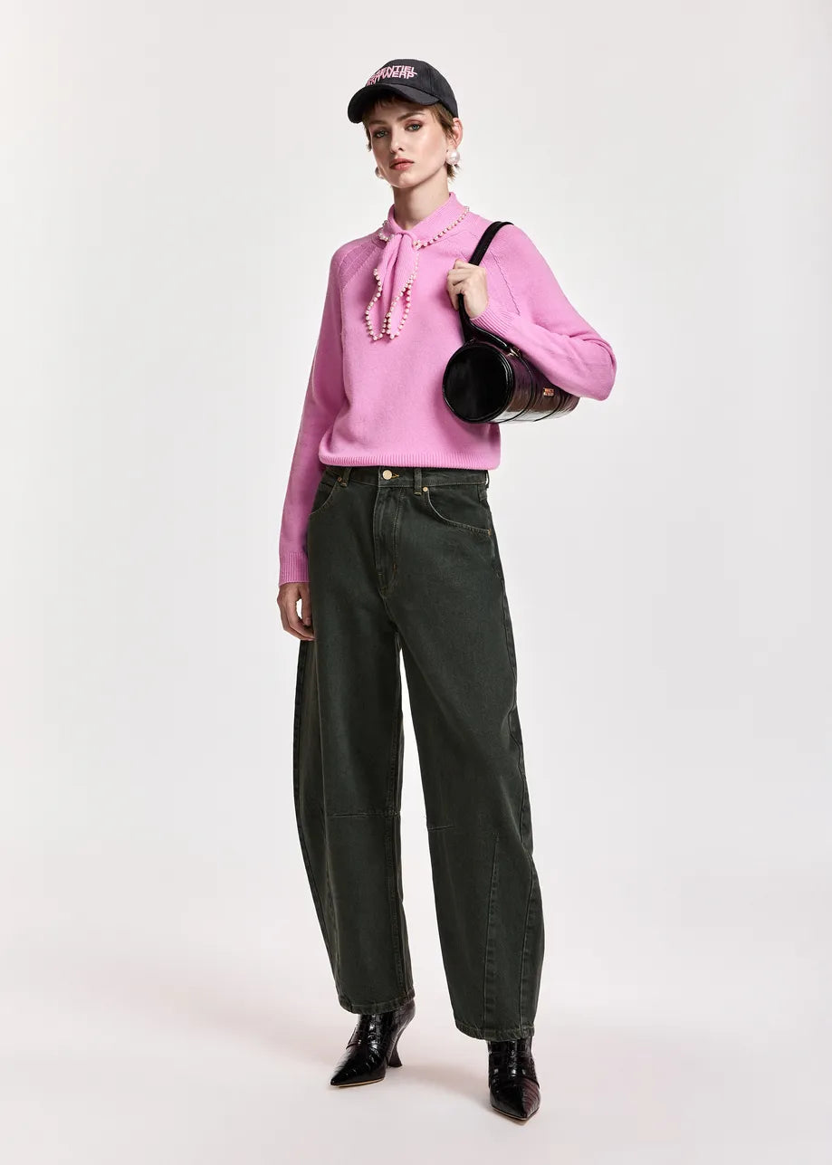 Essentiel Antwerp Pink Sweater with Pearl-Embellished Bow Collar