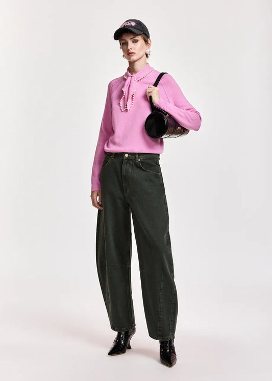 Essentiel Antwerp Pink Sweater with Pearl-Embellished Bow Collar