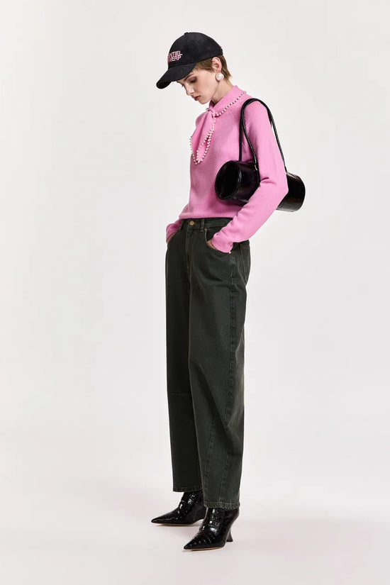 Essentiel Antwerp Pink Sweater with Pearl-Embellished Bow Collar