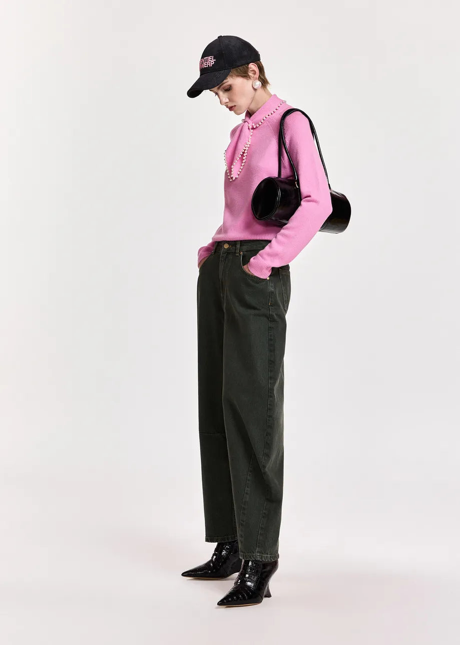 Essentiel Antwerp Pink Sweater with Pearl-Embellished Bow Collar