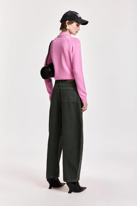 Essentiel Antwerp Pink Sweater with Pearl-Embellished Bow Collar