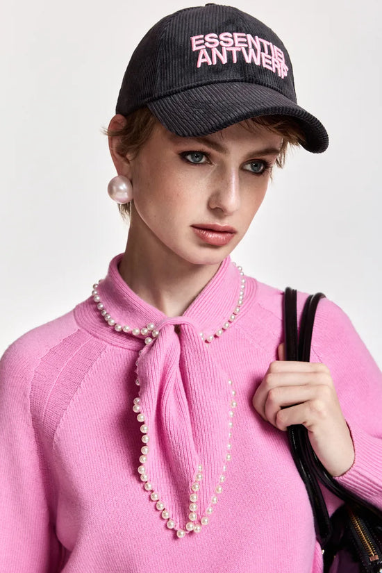 Essentiel Antwerp Pink Sweater with Pearl-Embellished Bow Collar