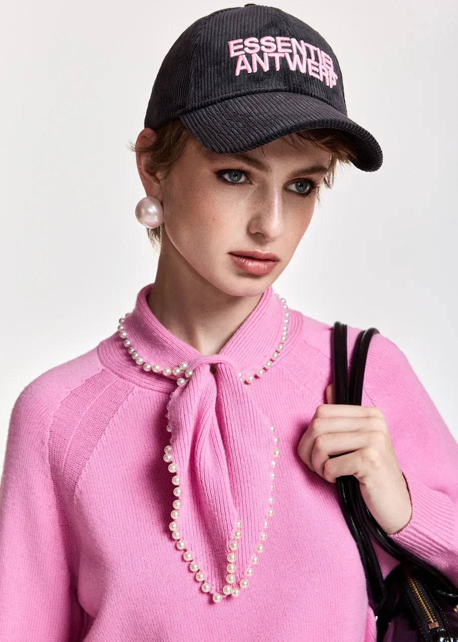 Essentiel Antwerp Pink Sweater with Pearl-Embellished Bow Collar