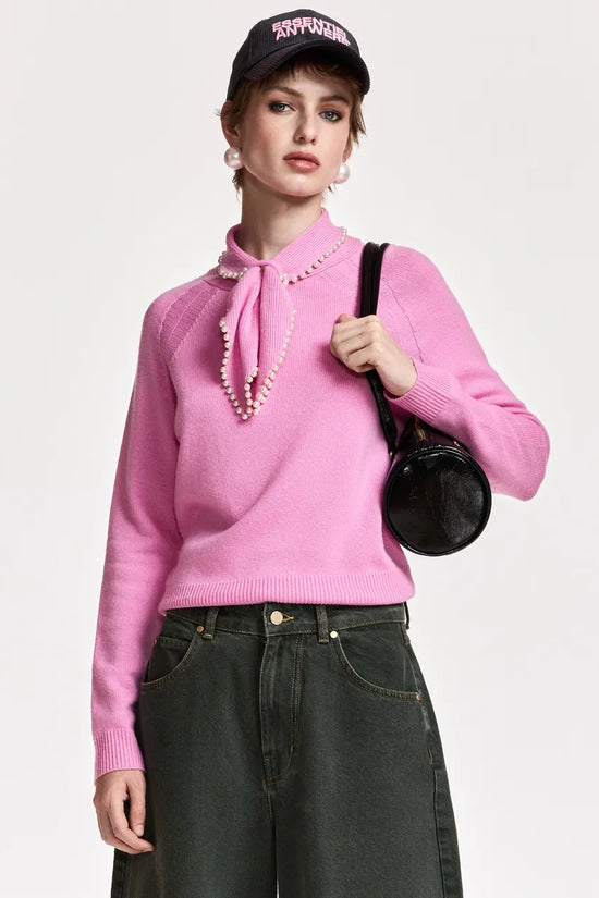 Essentiel Antwerp Pink Sweater with Pearl-Embellished Bow Collar