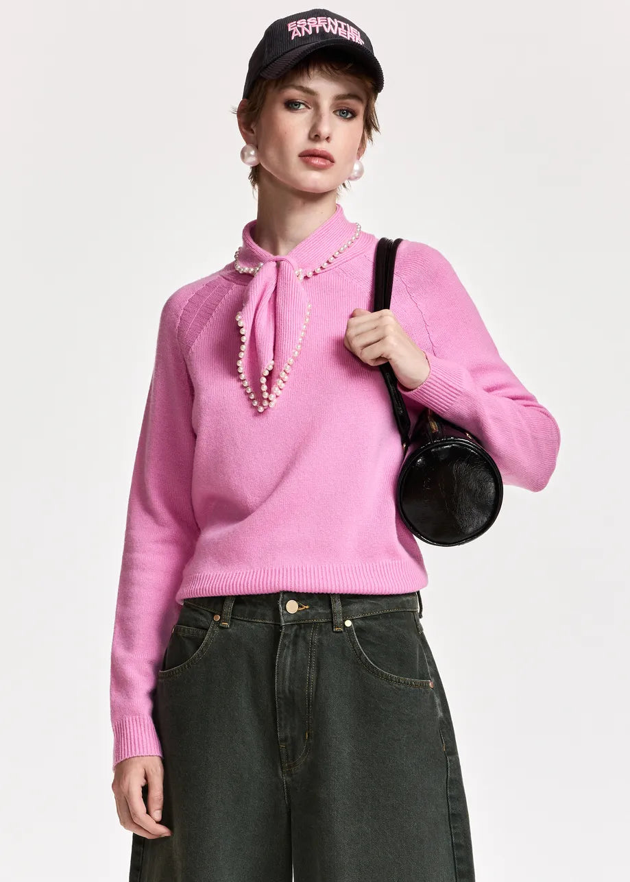 Essentiel Antwerp Pink Sweater with Pearl-Embellished Bow Collar