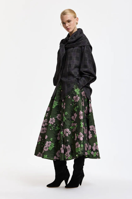 Essentiel Antwerp Khaki Light Pink Floral Jacquard Circle Midi Skirt