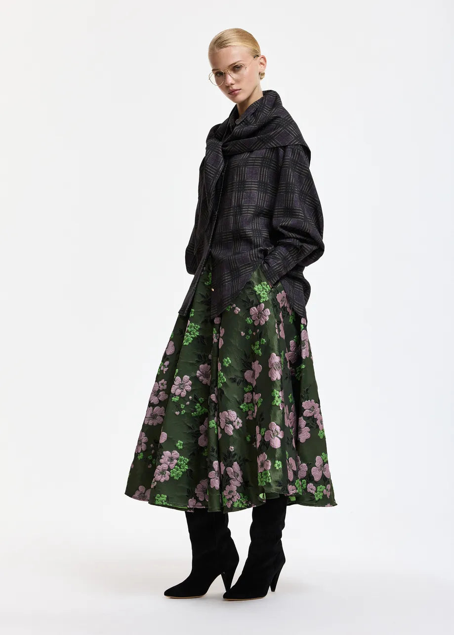 Essentiel Antwerp Khaki Light Pink Floral Jacquard Circle Midi Skirt