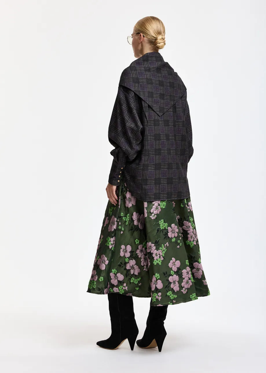 Essentiel Antwerp Khaki Light Pink Floral Jacquard Circle Midi Skirt