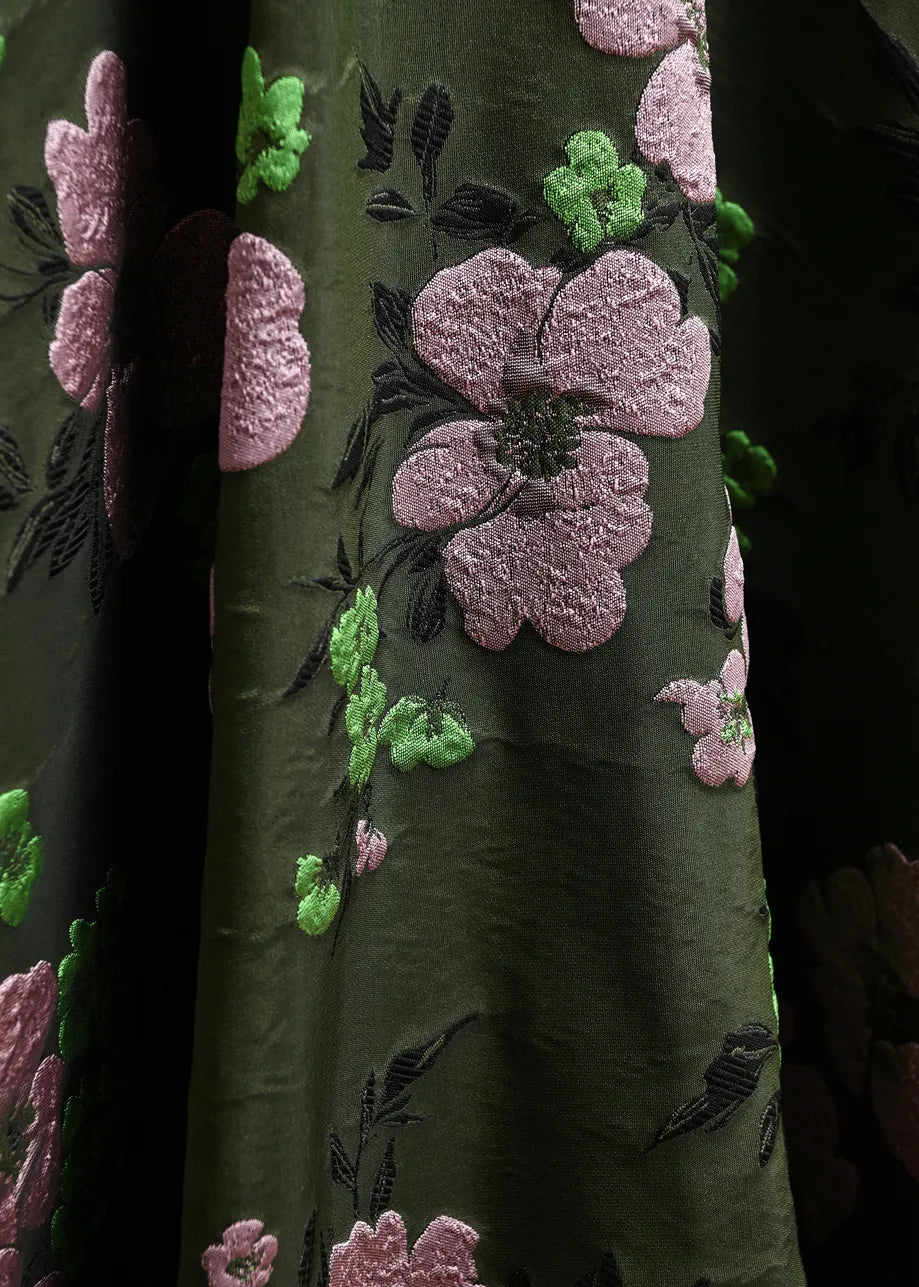 Essentiel Antwerp Khaki Light Pink Floral Jacquard Circle Midi Skirt
