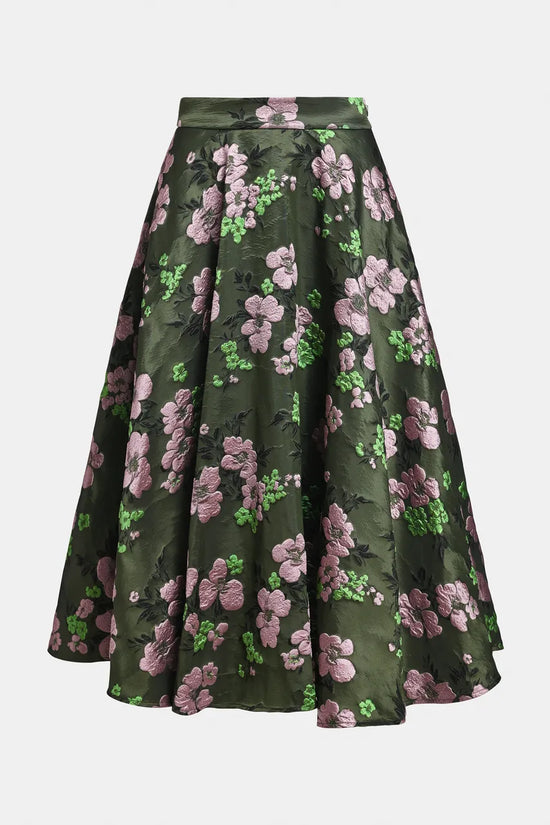Essentiel Antwerp Khaki Light Pink Floral Jacquard Circle Midi Skirt