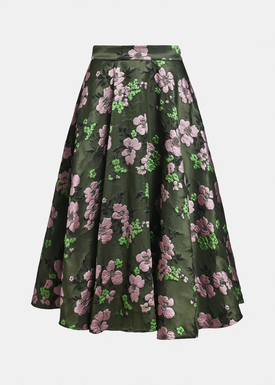 Essentiel Antwerp Khaki Light Pink Floral Jacquard Circle Midi Skirt