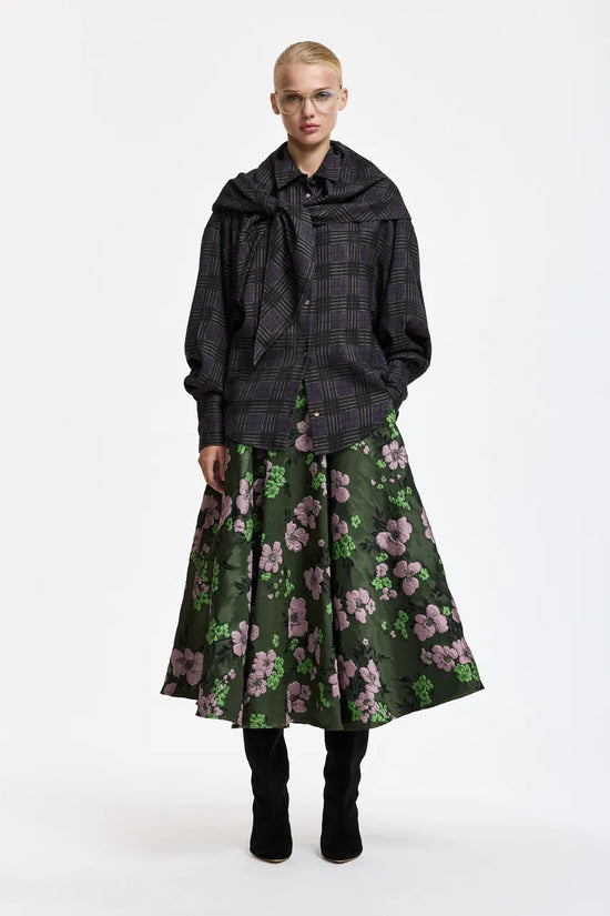 Essentiel Antwerp Khaki Light Pink Floral Jacquard Circle Midi Skirt