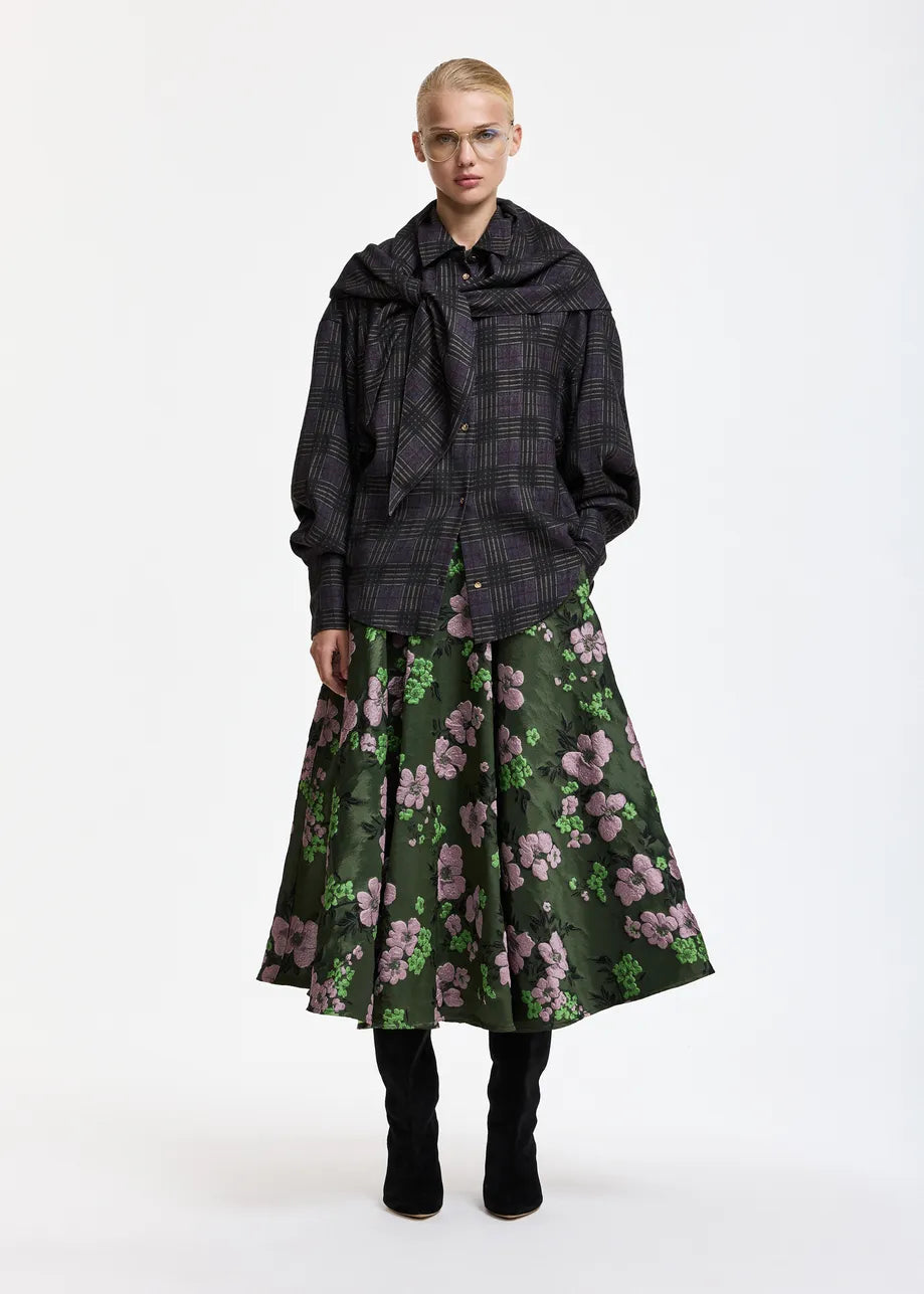 Essentiel Antwerp Khaki Light Pink Floral Jacquard Circle Midi Skirt