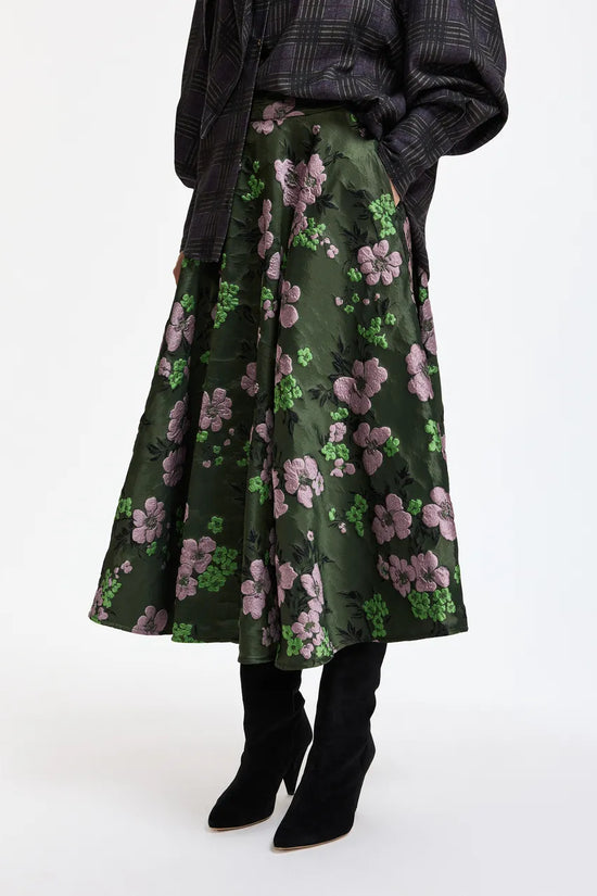 Essentiel Antwerp Khaki Light Pink Floral Jacquard Circle Midi Skirt