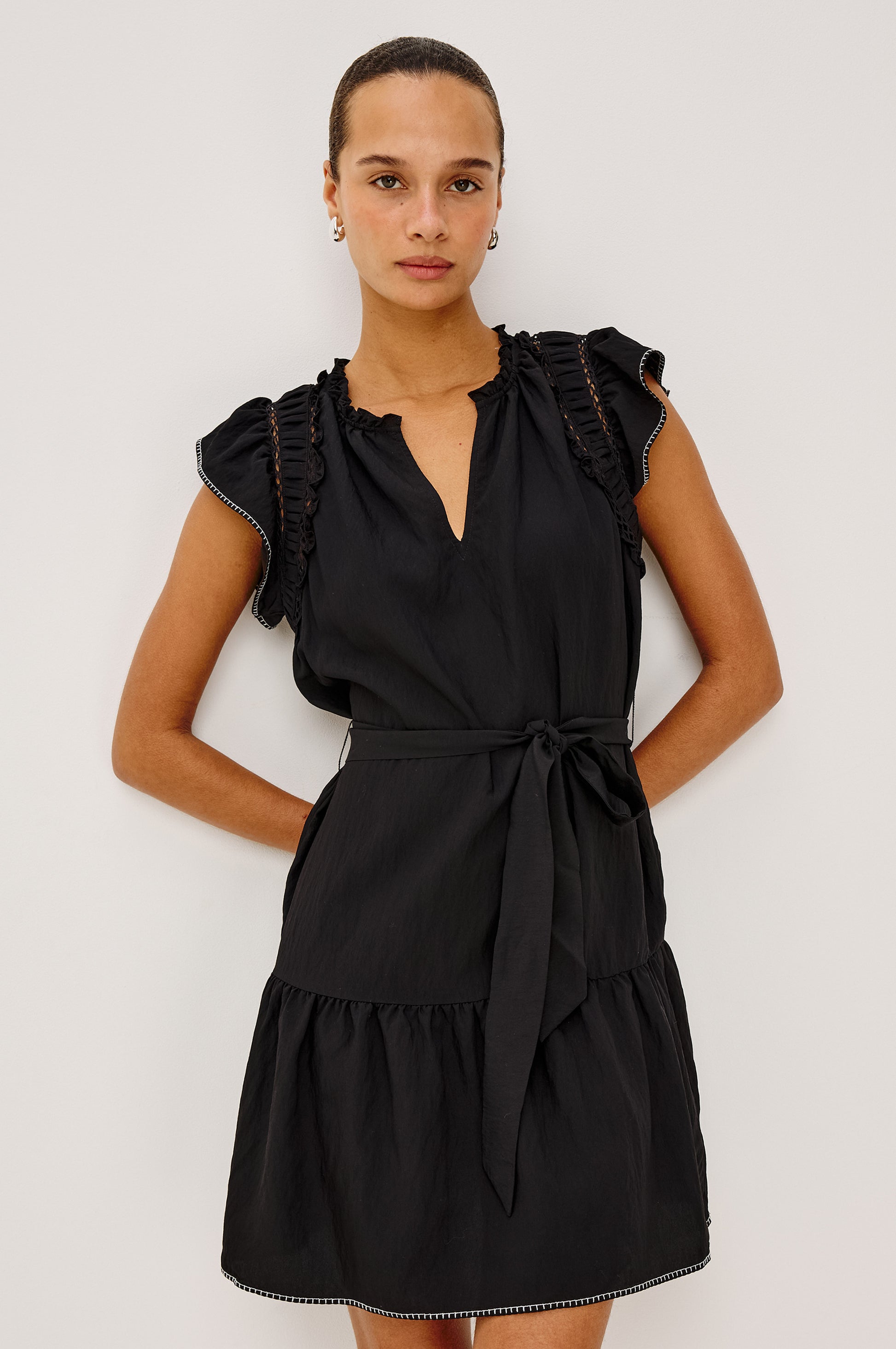 Rails Black Tiered Mini Dress – Round Neck Flutter Sleeve with Self-Tie KATIA
