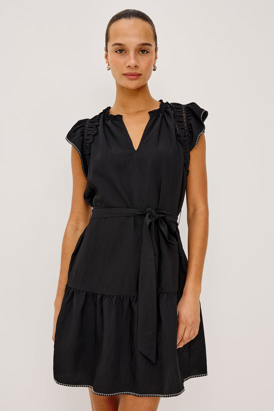 Rails Black Tiered Mini Dress – Round Neck Flutter Sleeve with Self-Tie KATIA