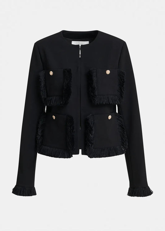 Essentiel Antwerp Black Fitted Jacket with Fringe Details