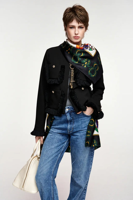 Essentiel Antwerp Black Fitted Jacket with Fringe Details