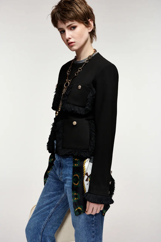 Essentiel Antwerp Black Fitted Jacket with Fringe Details