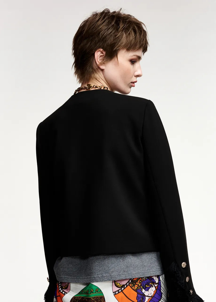 Essentiel Antwerp Black Fitted Jacket with Fringe Details