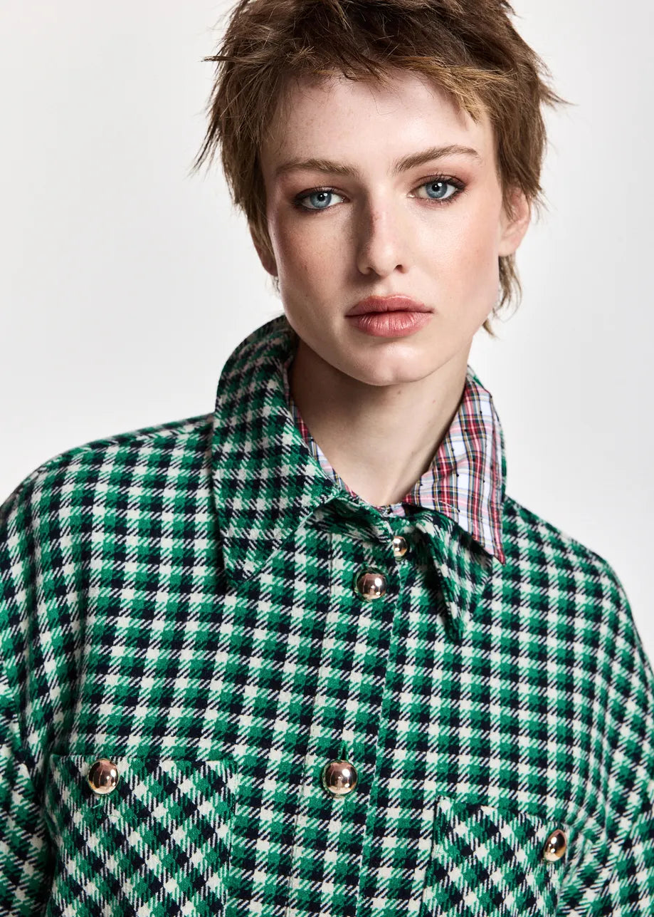 Essentiel Antwerp Green, Black and Cream Checked Wool-Blend Jacket