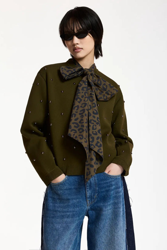 Essentiel Antwerp Khaki Stud-Embellished Sweatshirt