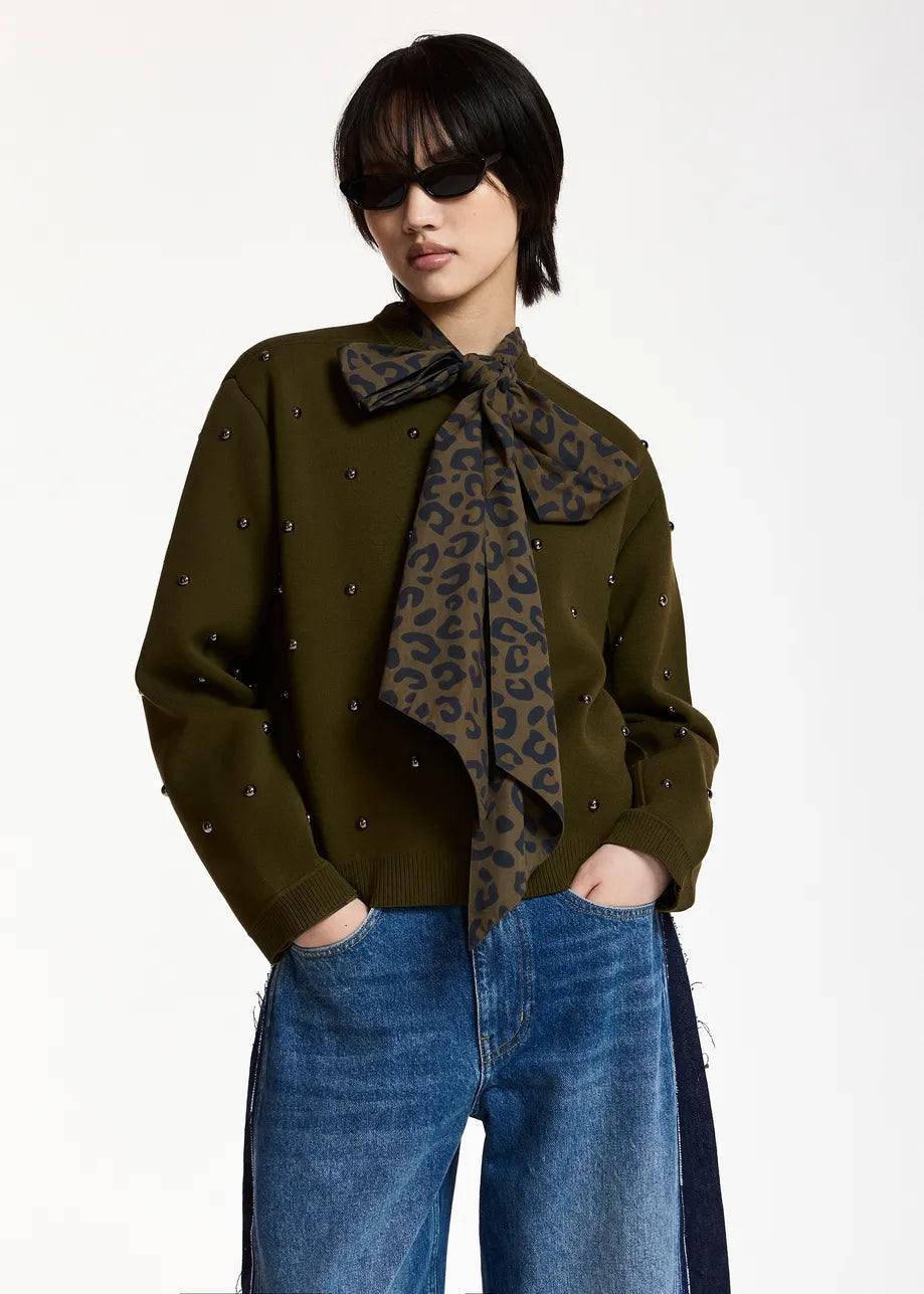 Essentiel Antwerp Khaki Stud-Embellished Sweatshirt