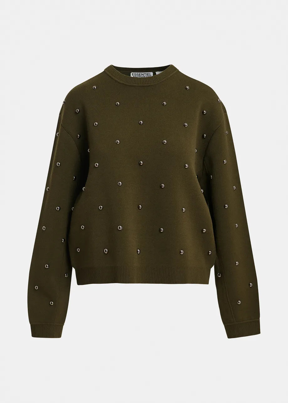 Essentiel Antwerp Khaki Stud-Embellished Sweatshirt