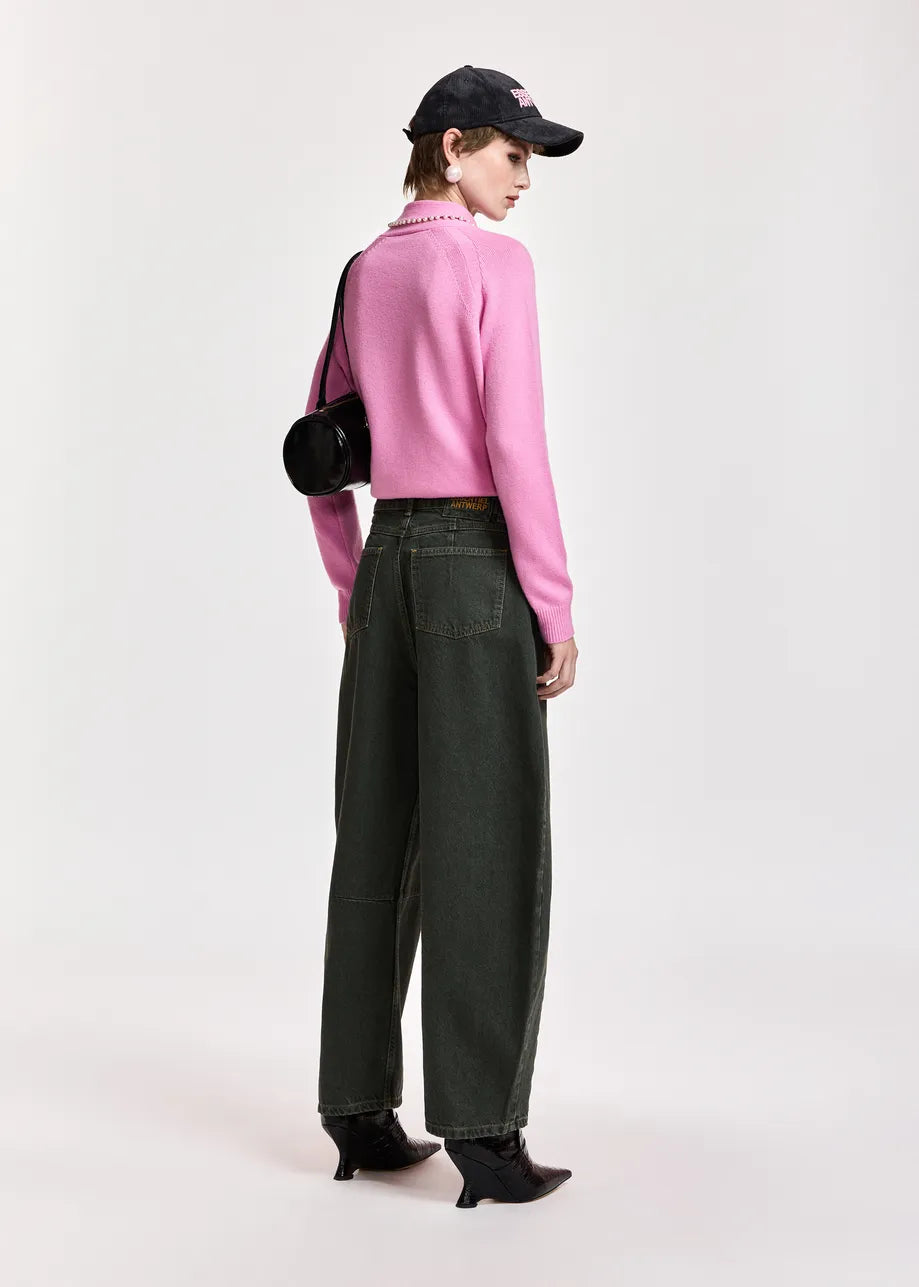 Essentiel Antwerp Dark Green Barrel-Leg Cropped Jeans