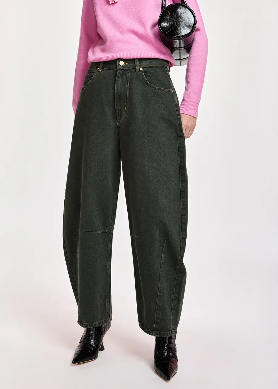 Essentiel Antwerp Dark Green Barrel-Leg Cropped Jeans